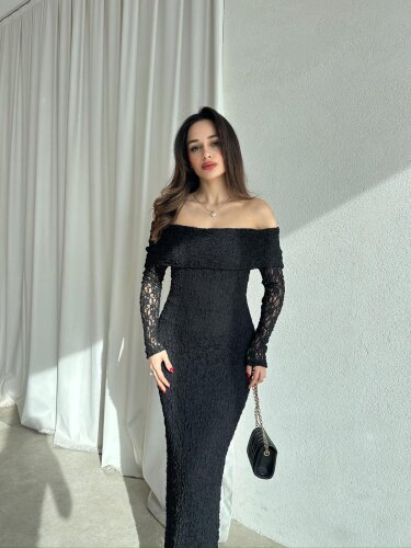 DAPHNE Dantelli Midi Elbise 8713 - Siyah - Mooi Butik