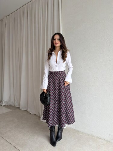 DARLİN Ekose Etek 8858 - Bordo - Mooi Butik