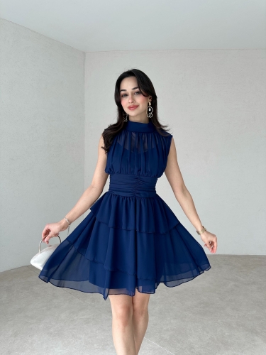 Dik Yaka Sıfır Kol Messina Elbise 2292 - Lacivert - Mooi Butik
