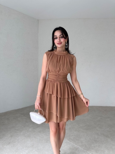 Dik Yaka Sıfır Kol Messina Elbise 2292 - Vizon - Mooi