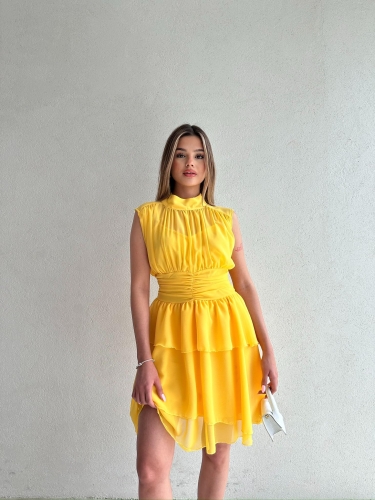 Dik Yaka Sıfır Kol Messina Elbise 2292 - Sarı - Mooi