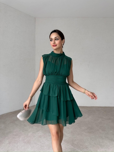 Dik Yaka Sıfır Kol Messina Elbise 2292 - Yeşil - Mooi