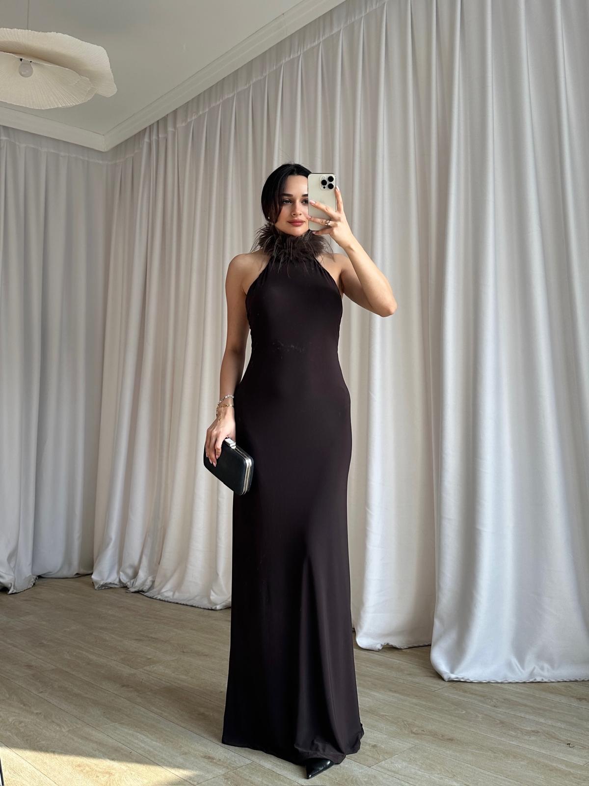  DOJA Otriş Yaka Maxi Elbise 8783 - Acı Kahve