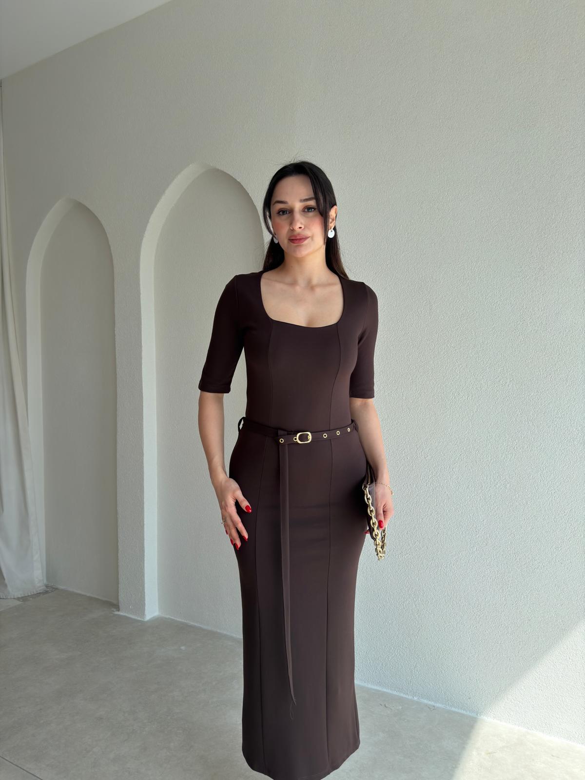 DORİKA Kemerli Midi Elbise 8905 - Acı Kahve