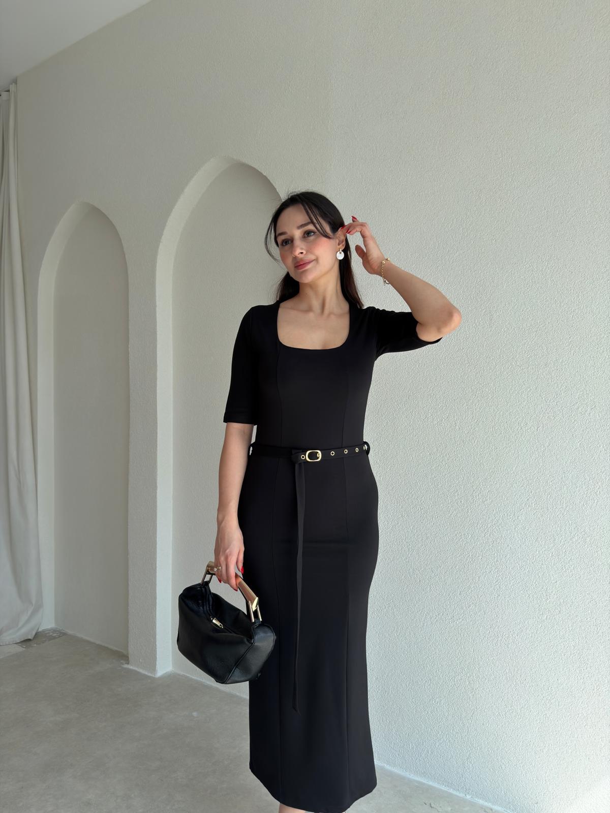 DORİKA Kemerli Midi Elbise 8905 - Siyah