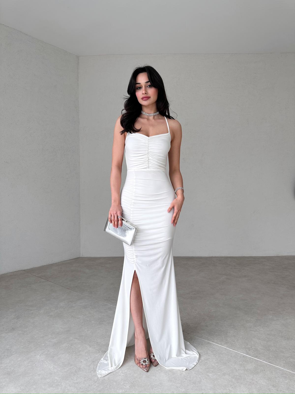 Drapeli Maxi MARİO Elbise 6382 - Beyaz