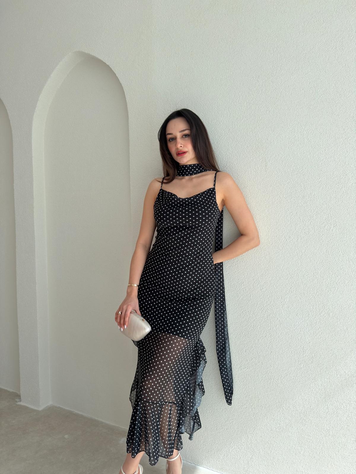 ELİOT Fularlı Midi Elbise 9019 - Siyah