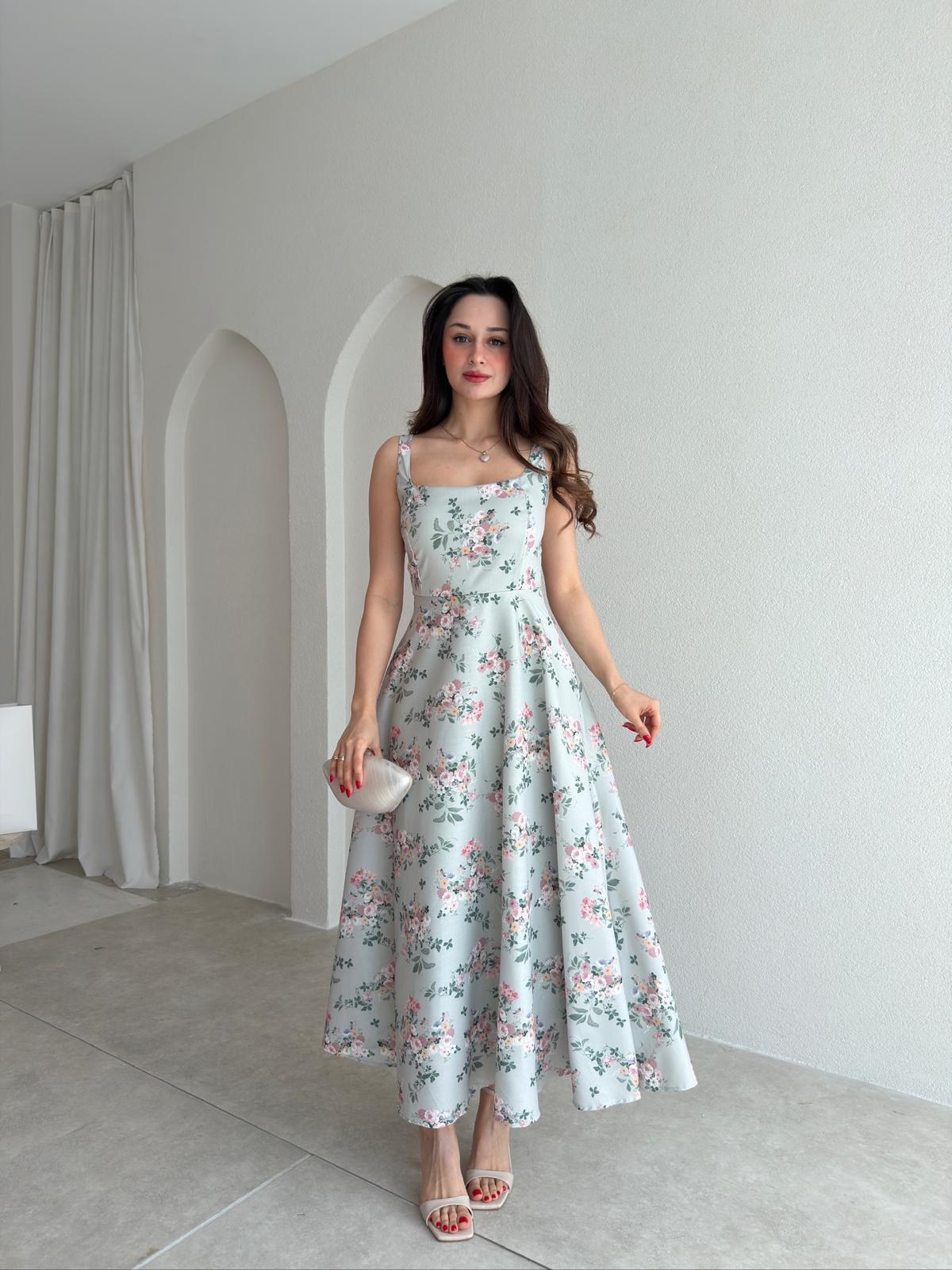 ELOİSE Çiçek Desenli Midi Elbise 8529 - Yeşil