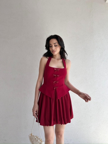 EMELİNE Mini Elbise 5073 - Bordo - Mooi Butik