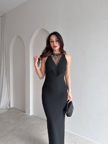 EPHRON Dantel Detaylı Midi Elbise 7483 - Siyah - Mooi Butik