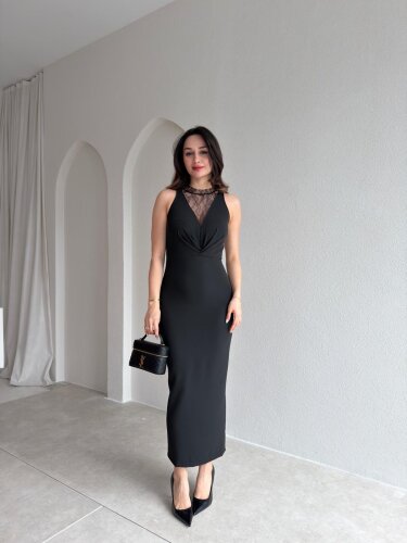 EPHRON Dantel Detaylı Midi Elbise 7483 - Siyah - Mooi Butik