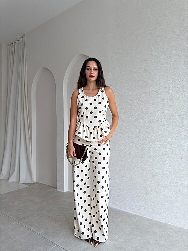 ESTHER Puantiyeli Denim Takım 3731 - Krem Rengi - Mooi Butik