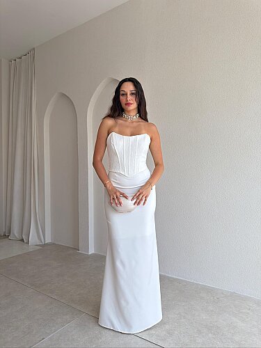 FALSE Korse Detaylı Maxi Elbise 4206 - Beyaz - Mooi Butik