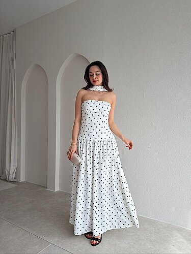 FLAMİN Şallı Puantiyeli Maxi Elbise 5484 - Beyaz - Mooi Butik