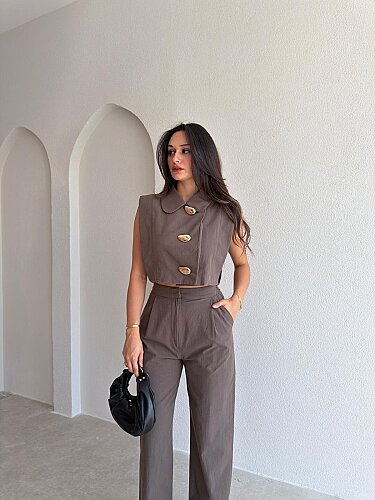 FOLİA Düğme Detaylı Takım 4038 - Acı Kahve - Mooi Butik