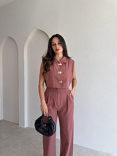 FOLİA Düğme Detaylı Takım 4038 - Gül Kurusu - Mooi Butik