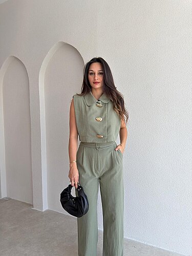 FOLİA Düğme Detaylı Takım 4038 - Haki - Mooi Butik