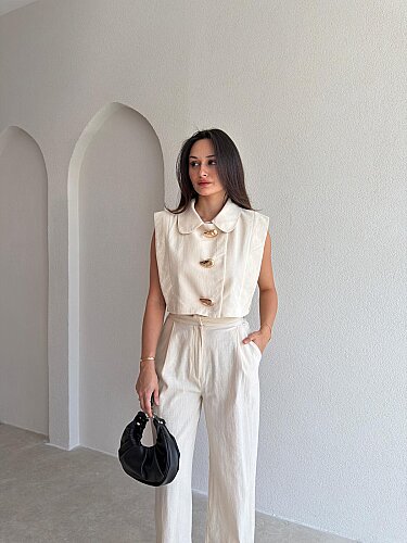 FOLİA Düğme Detaylı Takım 4038 - Krem Rengi - Mooi Butik