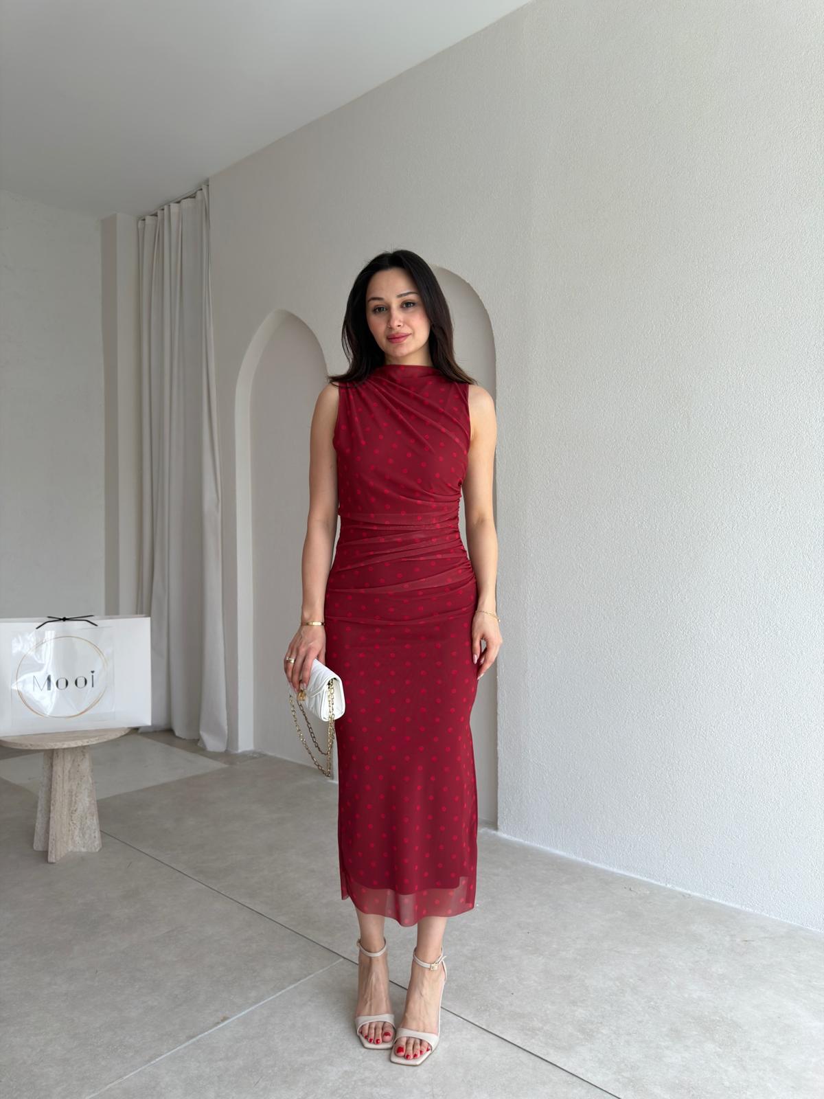FONTANA Puantiyeli Midi Elbise 9036 - Bordo