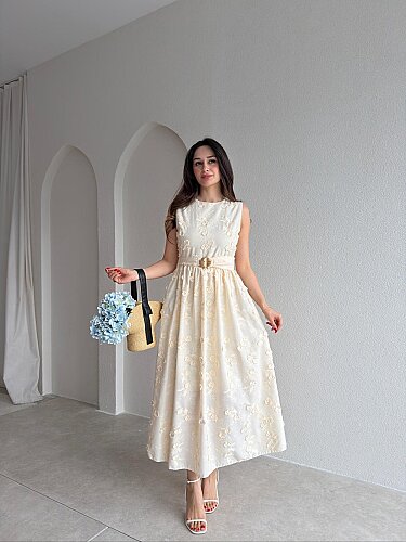 FORBES Çiçek Desenli Midi Elbise 9006 - Krem - Mooi Butik