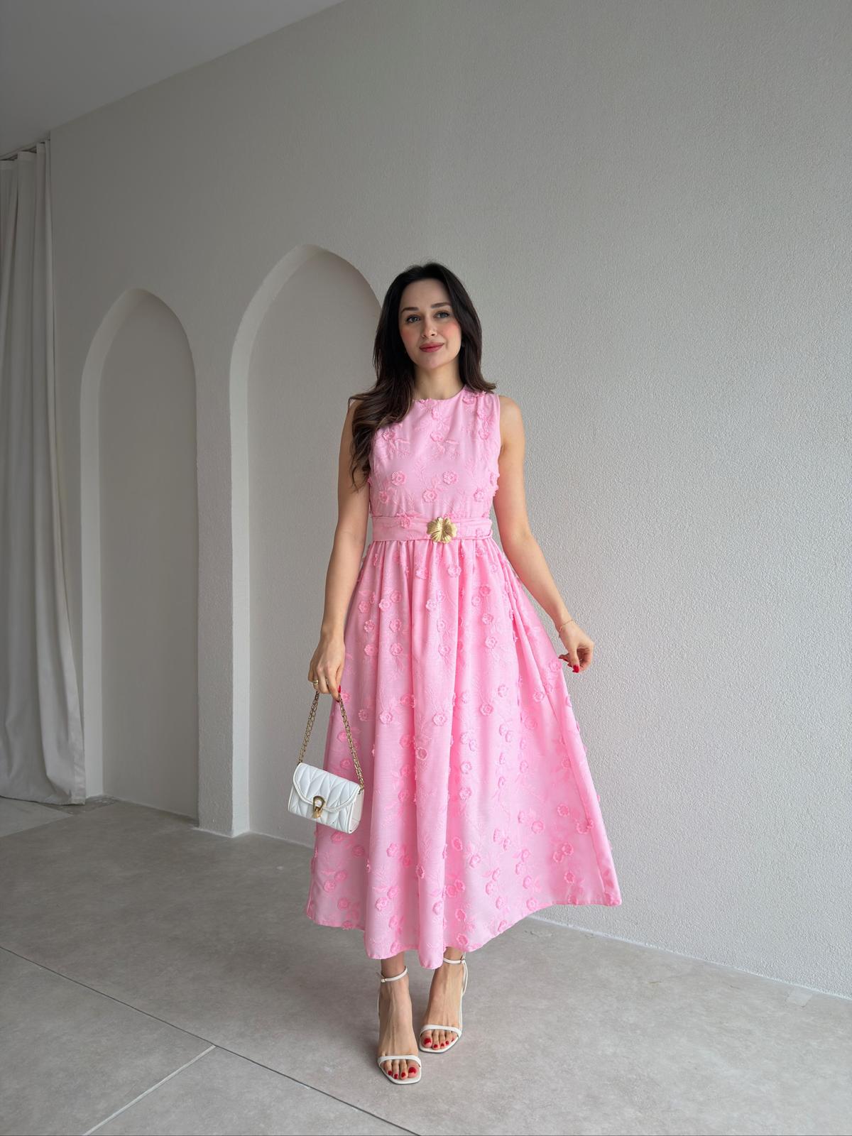 FORBES Çiçek Desenli Midi Elbise 9006 - Pembe