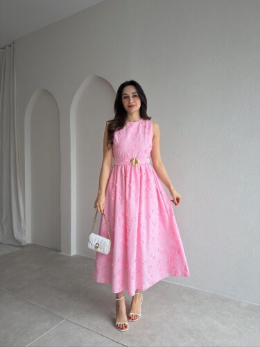 FORBES Çiçek Desenli Midi Elbise 9006 - Pembe - Mooi Butik