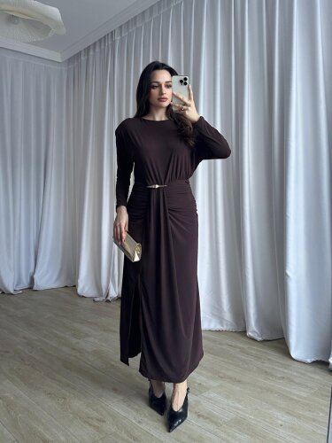 FRAPPE Midi Elbise 8711 - Acı Kahve - Mooi Butik