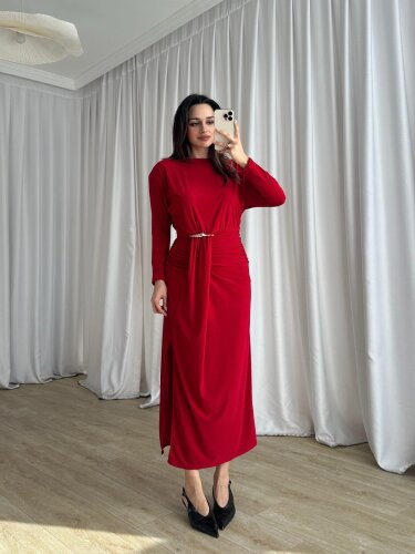 FRAPPE Midi Elbise 8711 - Kırmızı - Mooi Butik