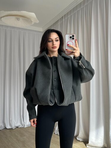 GİGİS Kaşe Crop Ceket 8698 - Füme - Mooi Butik