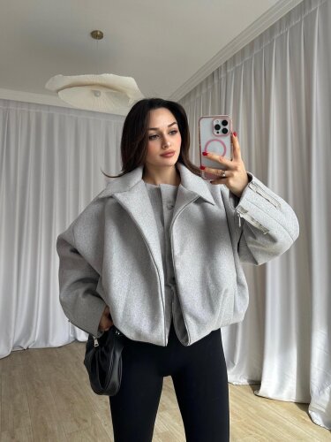 GİGİS Kaşe Crop Ceket 8698 - Gri CEKET Mooi Butik