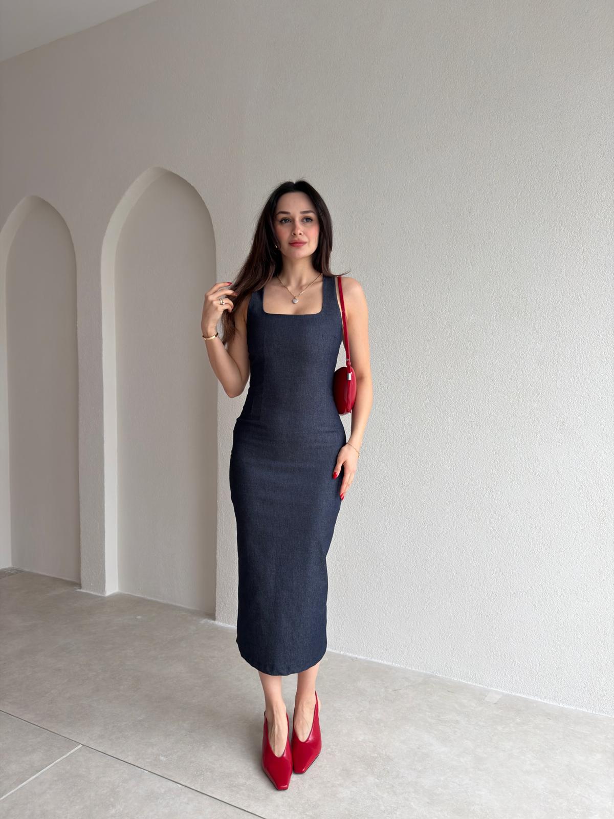 GLAM Denim Midi Elbise 6878 - Lacivert