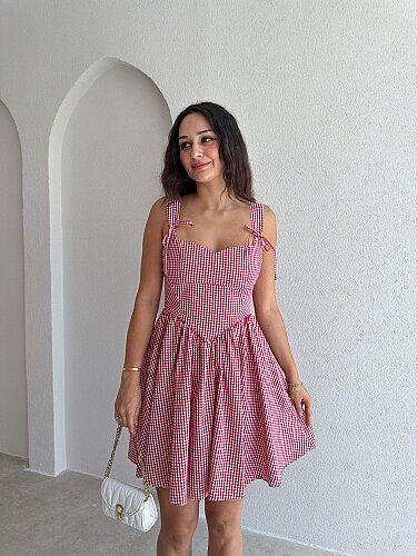 GLENN Ekoseli Mini Elbise 6495 - Kırmızı - Mooi Butik