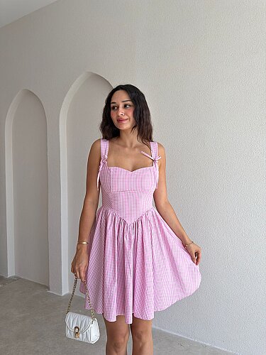 GLENN Ekoseli Mini Elbise 6495 - Pembe 