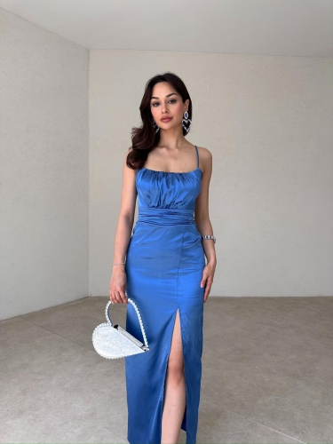  Vencover Saten Elbise 5682 - Saks Mavi - Mooi Butik