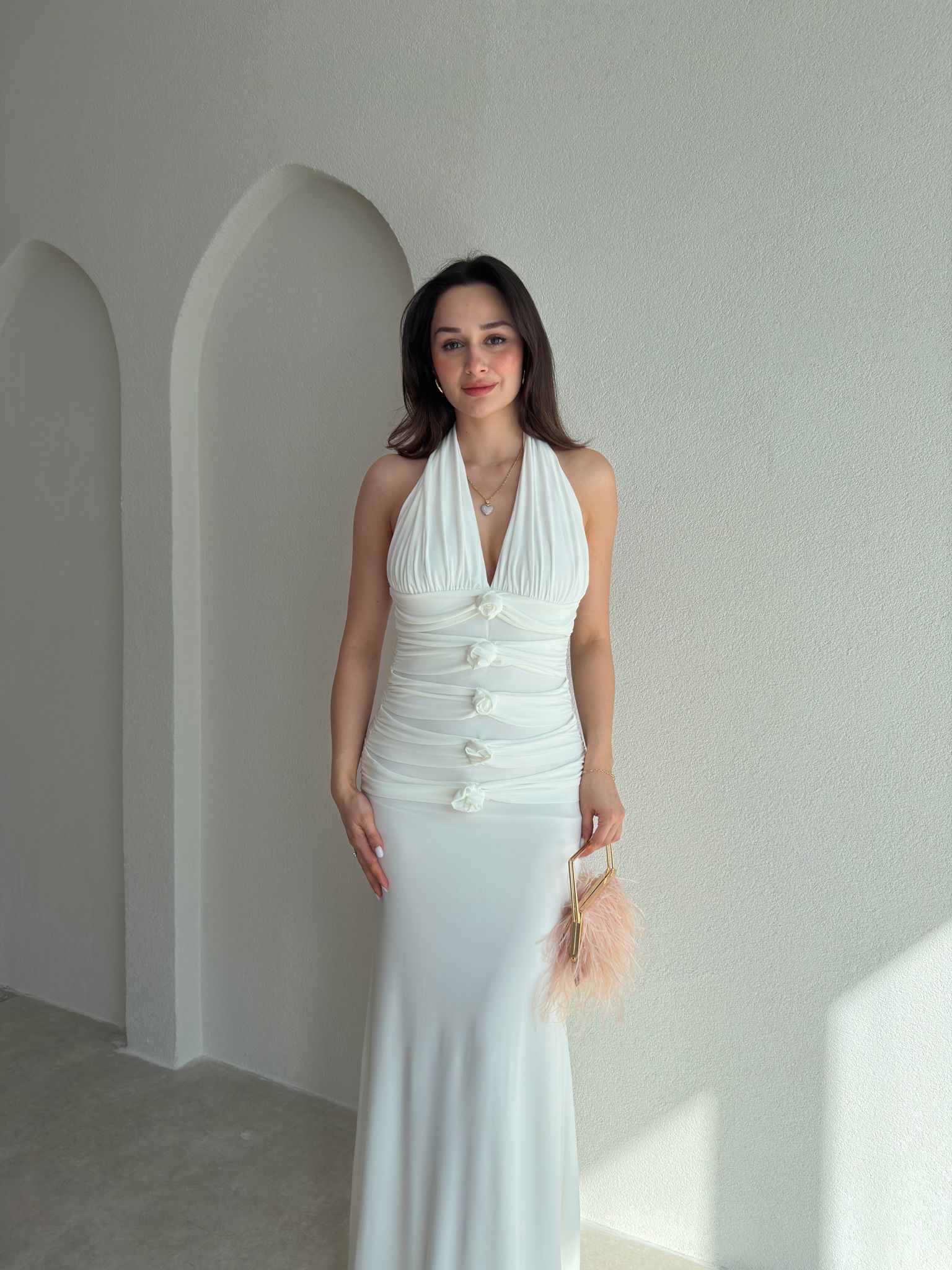 GRAMY Gül Detaylı Maxi Elbise 9041 - Beyaz