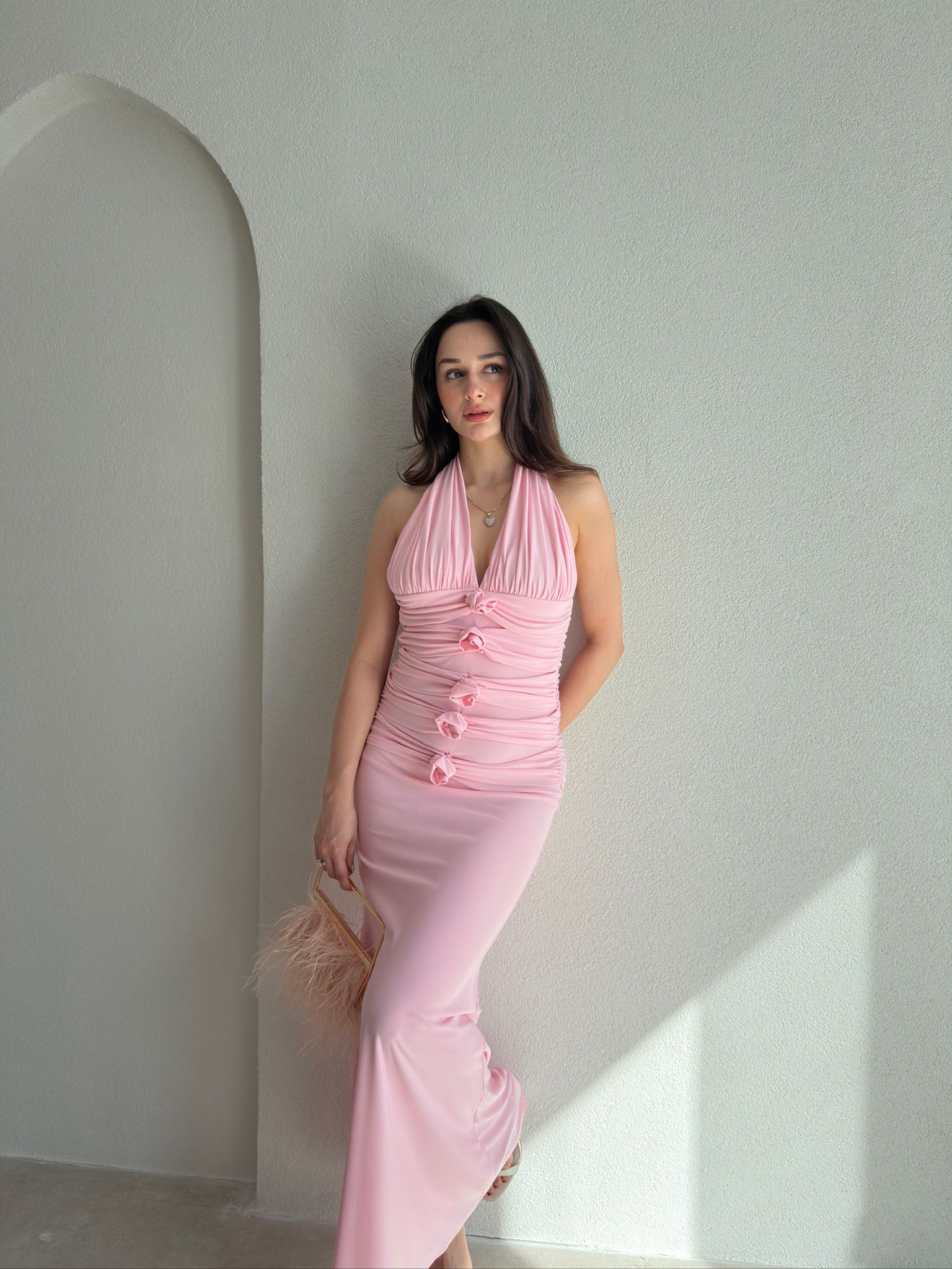 GRAMY Gül Detaylı Maxi Elbise 9041 - Pembe