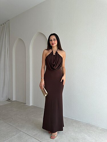 GUİDO Degaje Maxi Elbise 4014 - Acı Kahve 