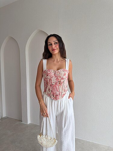 GWEN Desenli Korse Bluz - 3728 - Pudra - Mooi Butik