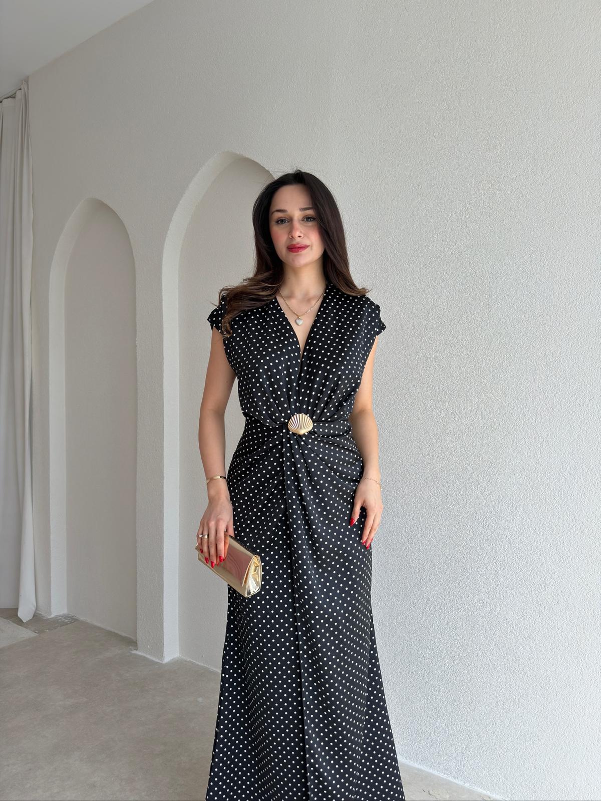 HENSEL Puantiyeli Maxi Elbise 4819 - Siyah