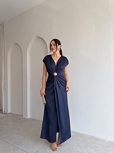 HERMANO Broş Detaylı Maxi Elbise 4004 - Lacivert - Mooi Butik