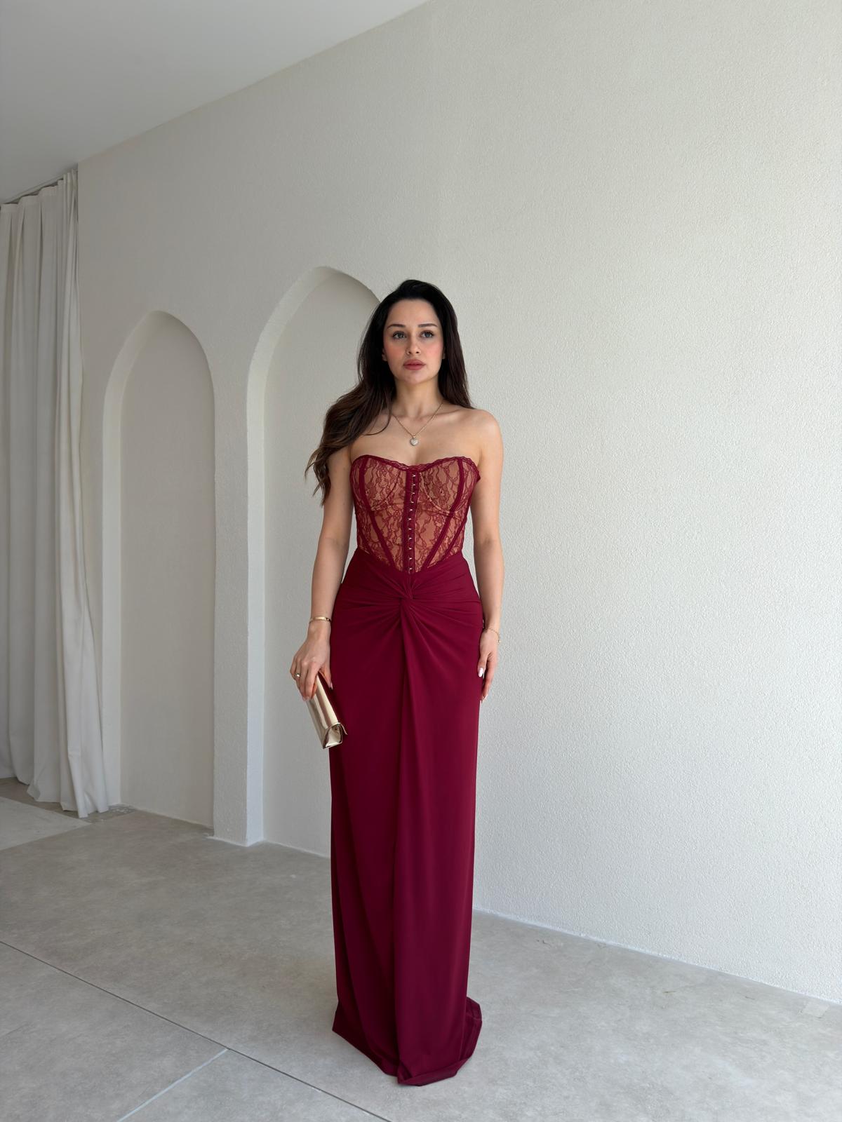 HEROS Korse Detaylı Maxi Elbise 5453 - Bordo