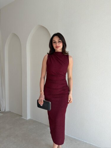 HUXLEY Simli Midi Elbise 5933 - Bordo - Mooi Butik