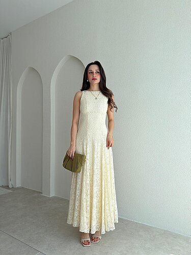 İVORY Dantelli Midi Elbise 7456 - Ekru - Mooi Butik