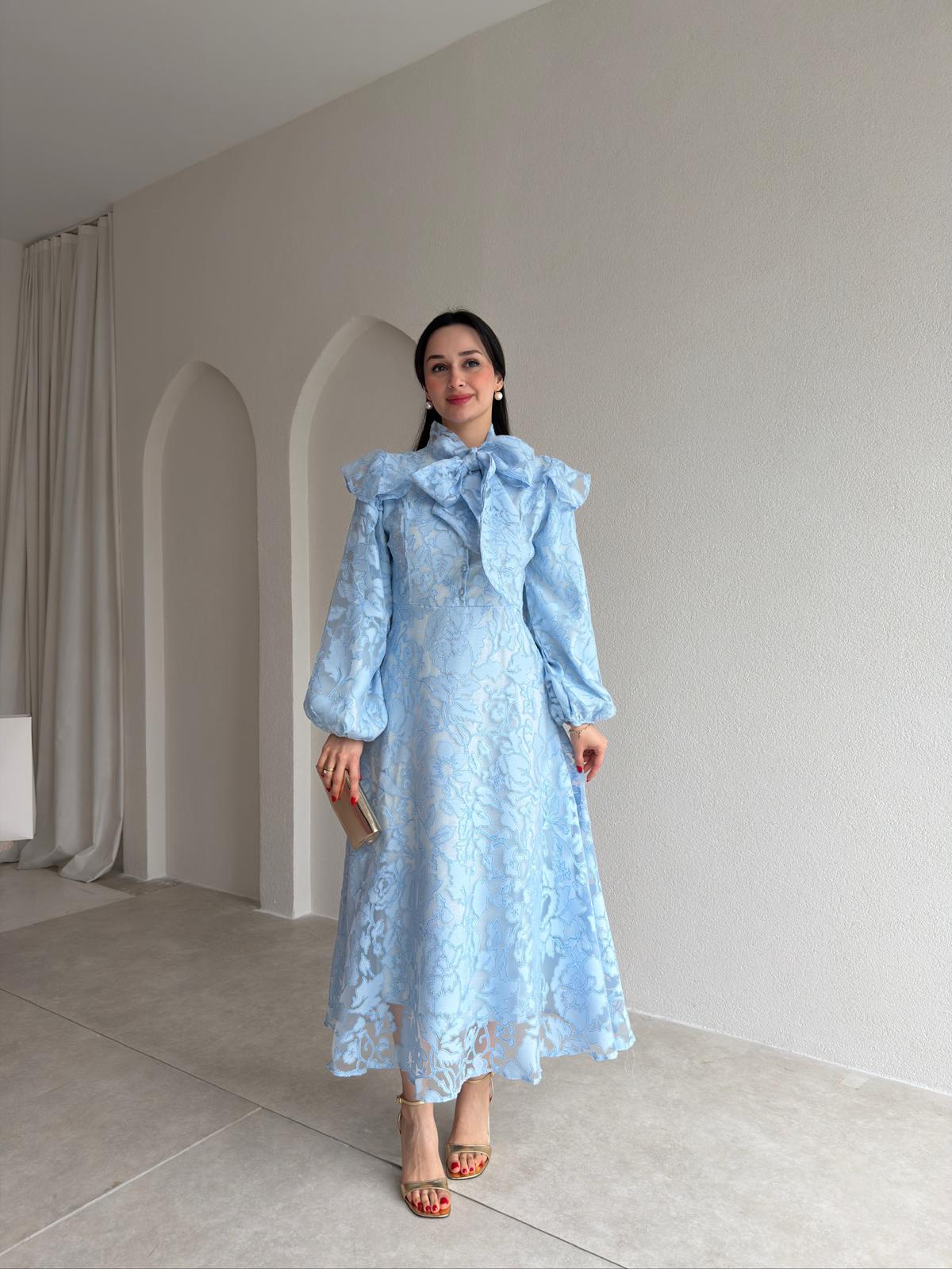 JENNİFER Fularlı Balon Kol Midi Elbise 8914 - Bebe Mavisi