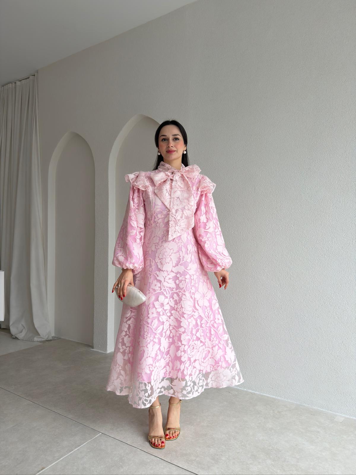 JENNİFER Fularlı Balon Kol Midi Elbise 8914 - Pembe