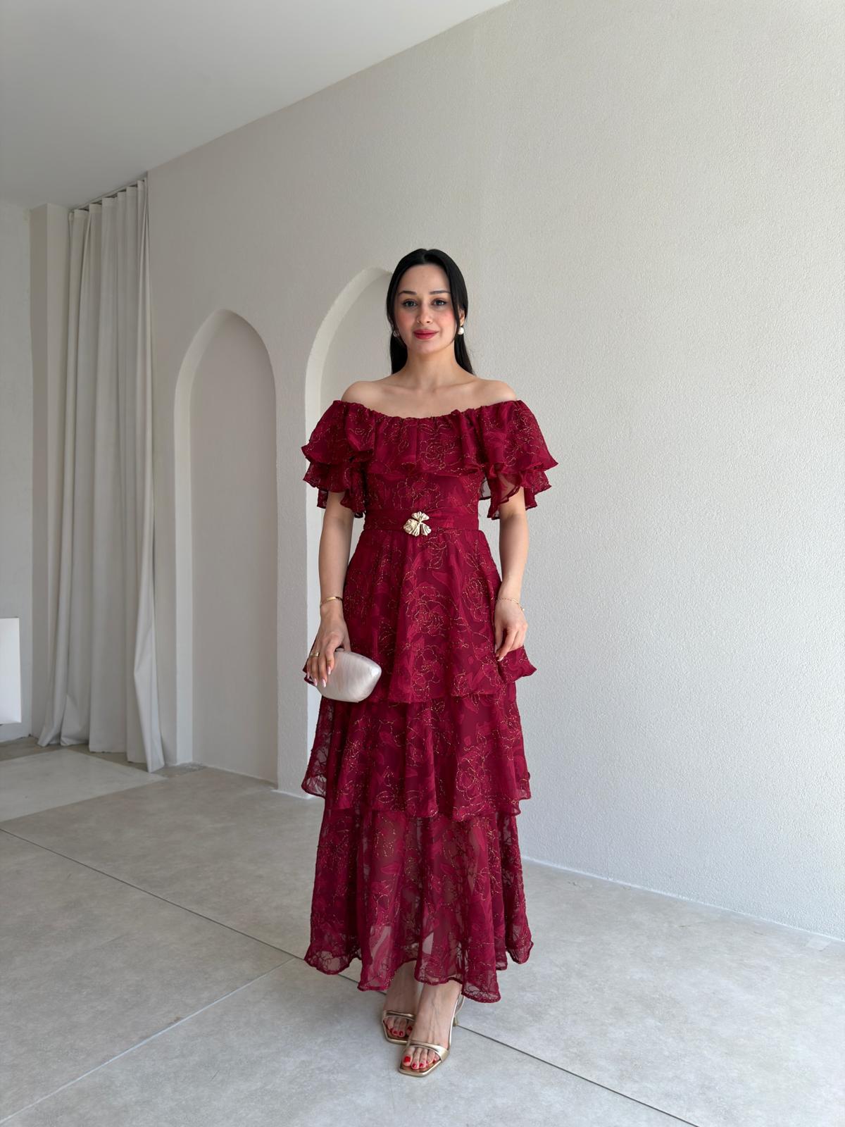 JODIE Düşük Omuzlu Elbise 8970 - Bordo