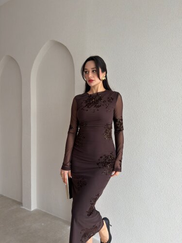 JULİA Sim Desenli Midi Elbise 9068 - Acı Kahve - Mooi Butik