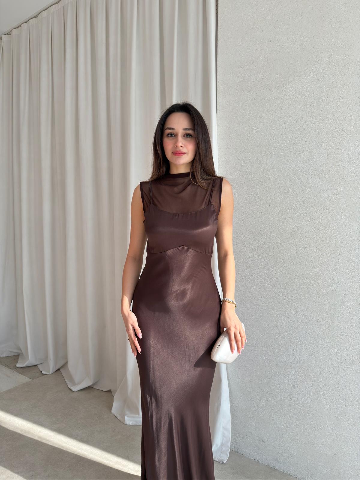 JUSTİN Saten Maxi Elbise 8825 - Acı Kahve