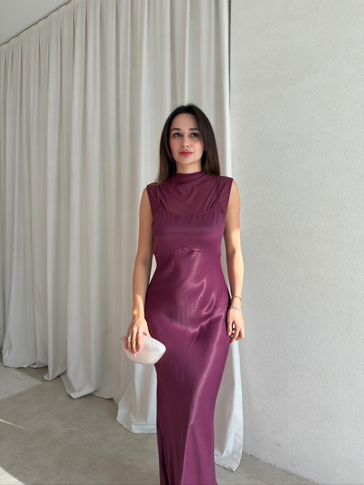 JUSTİN Saten Maxi Elbise 8825 - Mürdüm
