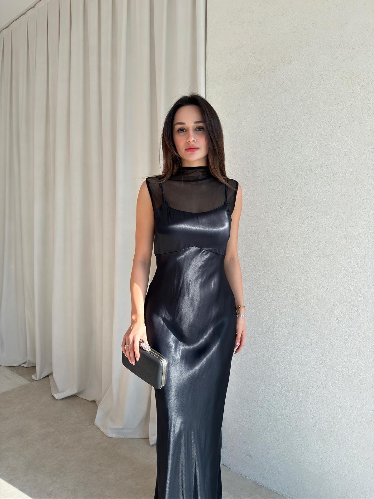 JUSTİN Saten Maxi Elbise 8825 - Siyah